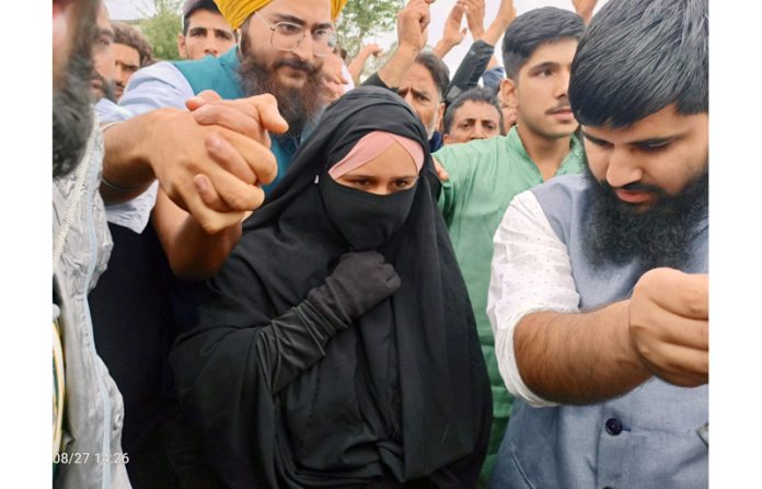 Seerat Barkati daughter of Sarjan Barkati filed nomination papers on behalf of her jailed father from Shopian constituency in South Kashmir on Tuesday.