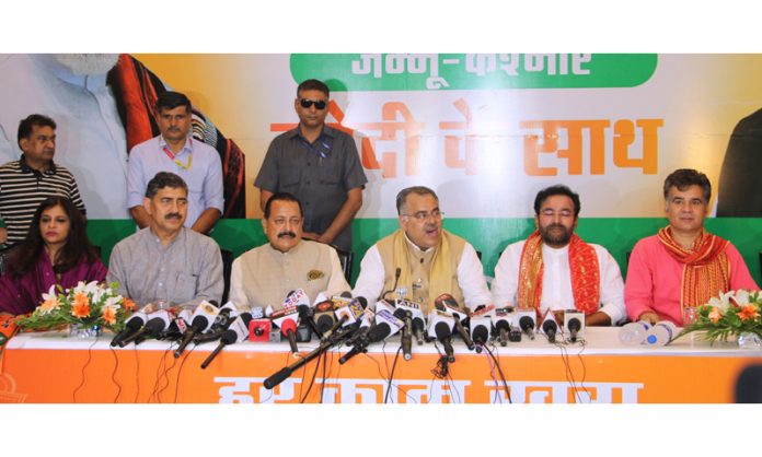 Union Ministers and senior BJP leaders at a press conference in Jammu on Thursday. - Excelsior/Rakesh