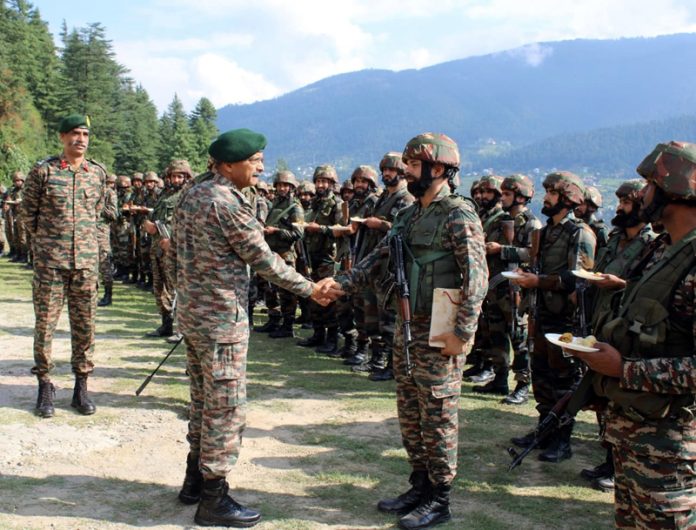 Northern Command chief Lt Gen MV Suchindra Kumar meeting the Army jawans in Doda area on Tuesday. Northern Command chief Lt Gen MV Suchindra Kumar meeting the Army jawans in Doda area on Tuesday.