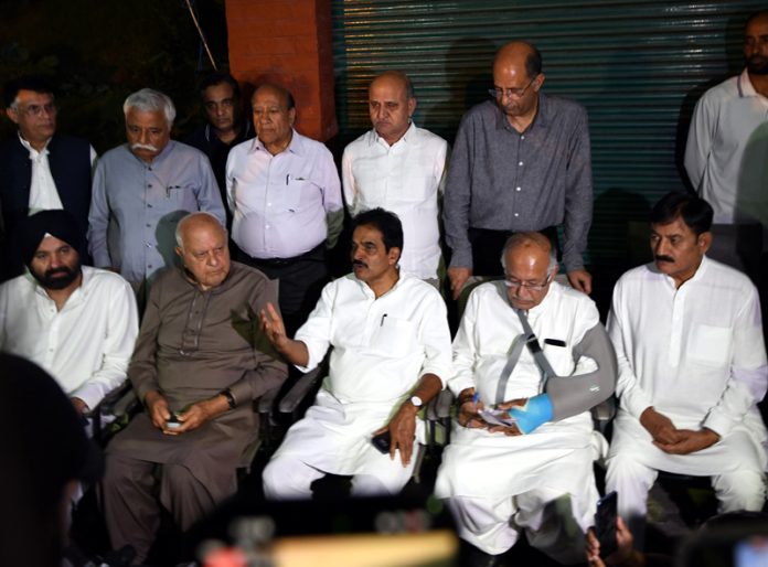 Senior NC and Congress leaders at a press conference in Srinagar on Monday. -Excelsior/Shakeel