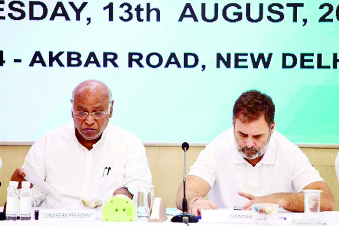 Congress president Mallikarjun Kharge with party leader Rahul Gandhi at a meeting in New Delhi on Tuesday. (UNI) Congress president Mallikarjun Kharge with party leader Rahul Gandhi at a meeting in New Delhi on Tuesday. (UNI)
