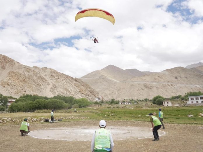 Paraglider landing during Pre-Paragliding Accuracy World Cup event at Leh. Paraglider landing during Pre-Paragliding Accuracy World Cup event at Leh.
