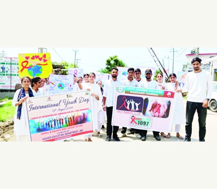 GDC Ramgarh students holding banners advocating for youth empowerment and health awareness. GDC Ramgarh students holding banners advocating for youth empowerment and health awareness.