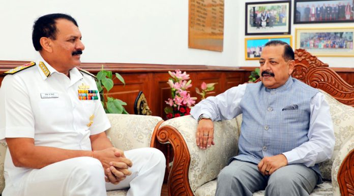 Chief of Naval Staff, Admiral Dinesh Kumar Tripathi calling on Union Minister Dr Jitendra Singh at North Block on Tuesday. 