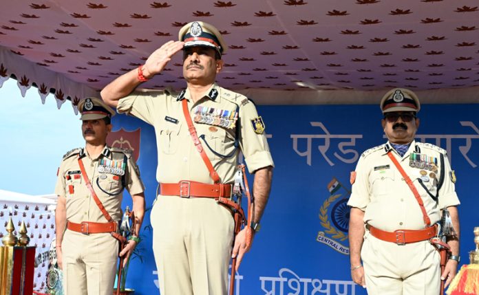 A senior CRPF officer taking the salute from the newly recruited personnel at CTC Lethpora on Tuesday. A senior CRPF officer taking the salute from the newly recruited personnel at CTC Lethpora on Tuesday.