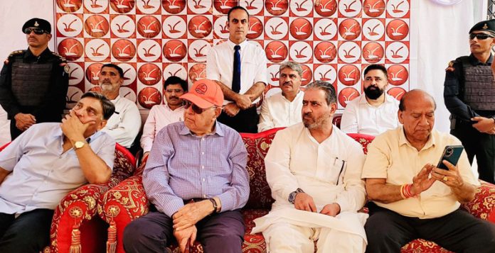 NC president Dr Farooq Abdullah along with other senior party leaders during a delegates’ convention in Bhaderwah.