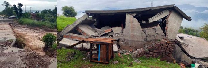 After flash flood in a Nallah traffic suspended on Billawar road near Dinga Amb (L) house collapsed after heavy rain in Surankot on Tuesday (R). -Excelsior/Waseem After flash flood in a Nallah traffic suspended on Billawar road near Dinga Amb (L) house collapsed after heavy rain in Surankot on Tuesday (R). -Excelsior/Waseem