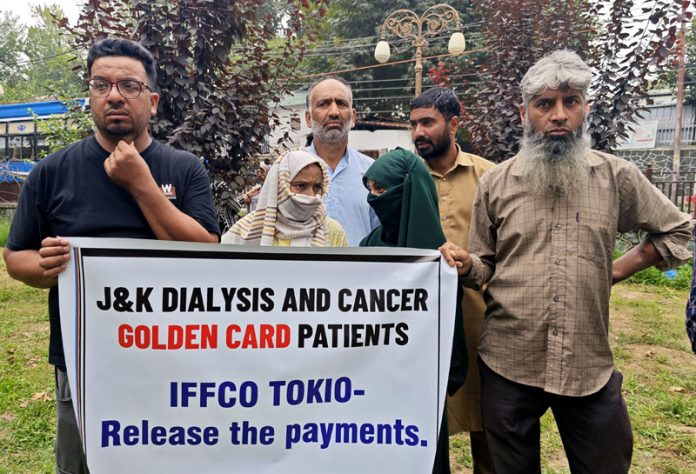 Dialysis patients during a protest at Sher-e-Kashmir Park in Srinagar on Tuesday. -Excelsior/Shakeel