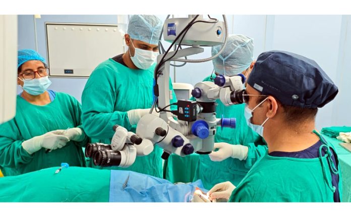 A team of doctors performing corneal transplantation on a patient in GMC Jammu on Monday.