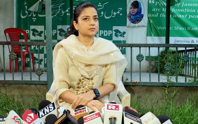 Iltija Mufti, Media Advisor to PDP President, during a press conference in Srinagar on Friday. -Excelsior/Shakeel Iltija Mufti, Media Advisor to PDP President, during a press conference in Srinagar on Friday. -Excelsior/Shakeel