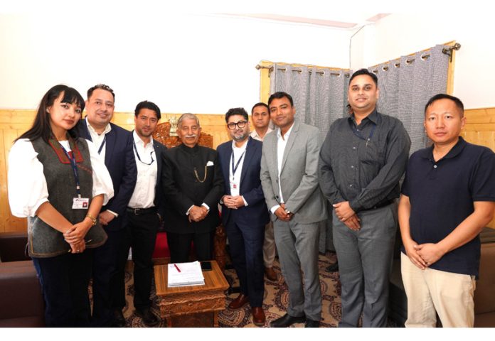 LG Ladakh, Brigadier (Dr) BD Mishra posing along with members of a delegation from ICICI Bank. LG Ladakh, Brigadier (Dr) BD Mishra posing along with members of a delegation from ICICI Bank.