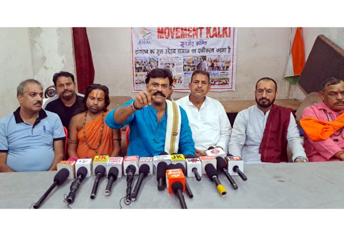 Movement Kalki, Board Member Vikram Mahajan addressing a press conference in Jammu on Tuesday.