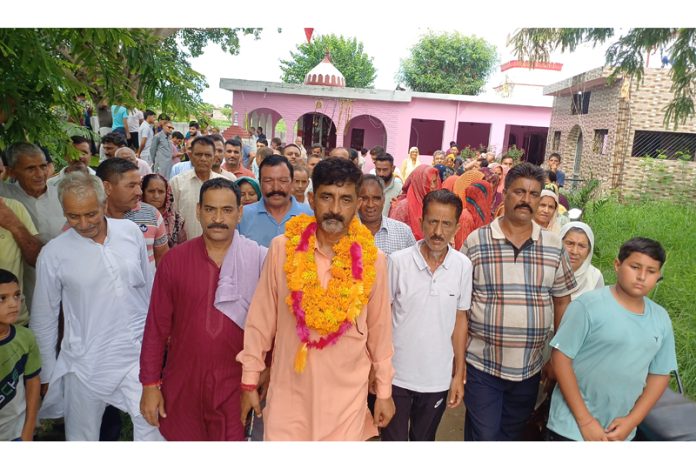 Arun Sharma accompanied by BJP workers and supporters during a public meeting at Pati in Vijaypur Assembly constituency. Arun Sharma accompanied by BJP workers and supporters during a public meeting at Pati in Vijaypur Assembly constituency.
