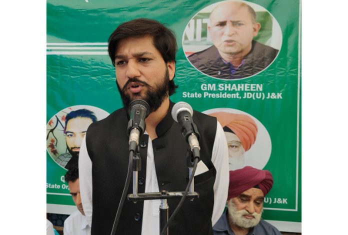 JDU leader Vivek Bali addressing the people in Anantnag on Sunday.