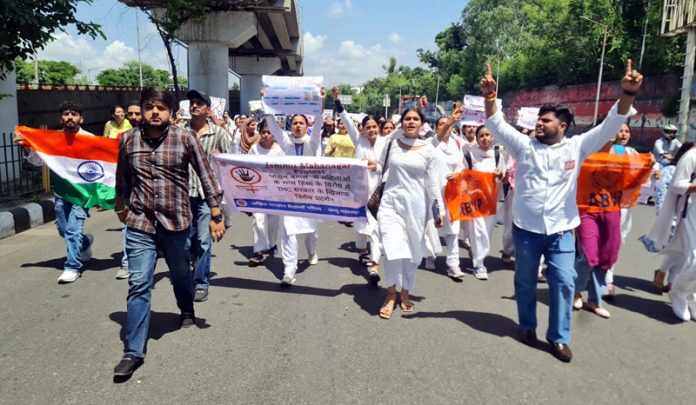 ABVP members during a protest rally in Jammu on Thursday. ABVP members during a protest rally in Jammu on Thursday.