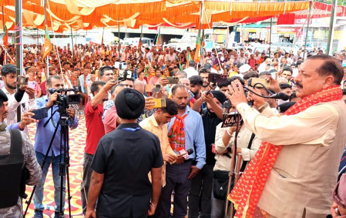 Union Minister Dr Jitendra Singh addressing a public rally at Kalakote in district Rajouri on Tuesday.