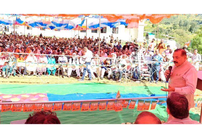 Union Minister Dr Jitendra Singh addressing a BJP election meeting in Budhal on Friday. Union Minister Dr Jitendra Singh addressing a BJP election meeting in Budhal on Friday.