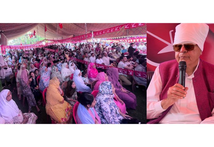 NC President Dr. Farooq Abdullah addressing election rally in Ganderbal. NC President Dr. Farooq Abdullah addressing election rally in Ganderbal.