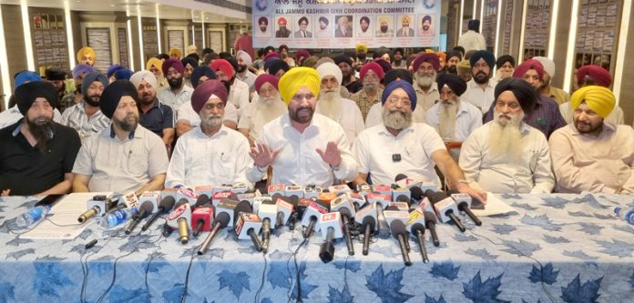 JKSCC chairman Ajit Singh flanked by others addressing press conference in Jammu. -Excelsior/Rakesh JKSCC chairman Ajit Singh flanked by others addressing press conference in Jammu. -Excelsior/Rakesh