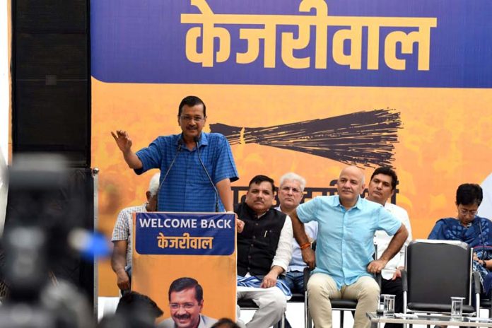 Delhi Chief Minister Arvind Kejriwal addresses a party workers’ meeting in New Delhi on Sunday. (UNI) Delhi Chief Minister Arvind Kejriwal addresses a party workers’ meeting in New Delhi on Sunday. (UNI)