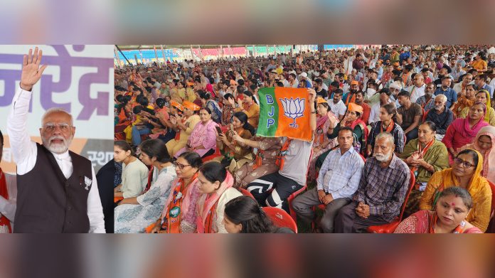 J&K will have first BJP majority Govt, it will alleviate all pains of Jammu: PM PM Narendra Modi waving to people during rally at MA Stadium in Jammu on Saturday. - Excelsior/Rakesh