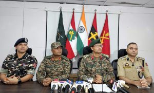 Army, police and SSB officials at a press conference in Pattan, Baramulla on Saturday.               —Excelsior/Aabid Nabi