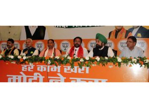 BJP leaders at a press conference at Jammu on Sunday.—Excelsior/Rakesh