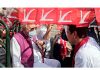NC president Dr Farooq Abdullah campaigning in an auto rickshaw for the party’s Zadibal segment candidate Tanvir Sadiq in Srinagar on Sunday. -Excelsior/Shakeel