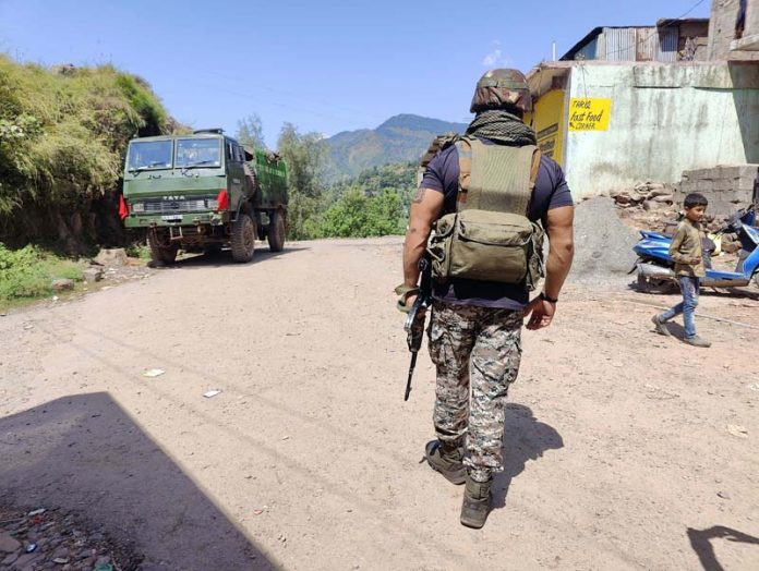 Troops near the site of encounter at Pathanateer in Mendhar on Sunday. Troops near the site of encounter at Pathanateer in Mendhar on Sunday.