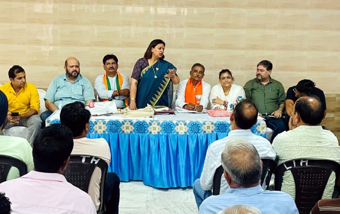 BJP district president Jammu South, Rekha Mahajan addressing a party meeting in Jammu on Tuesday. BJP district president Jammu South, Rekha Mahajan addressing a party meeting in Jammu on Tuesday.