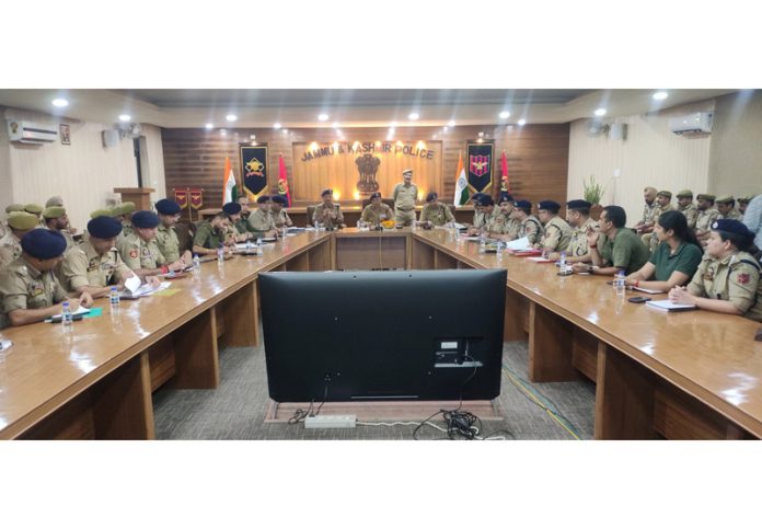 ADGP Jammu chairing a meeting of police officers in Jammu on Saturday.