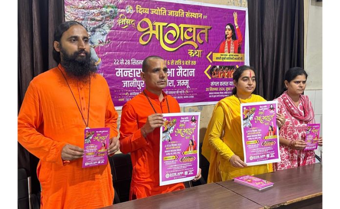 Saints from Divya Jyoti Jagrati Sansthan addressing a press conference in Jammu on Tuesday. Saints from Divya Jyoti Jagrati Sansthan addressing a press conference in Jammu on Tuesday.