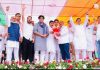 AICC gen secy Bharatsinh Solanki, Rajya Sabha MP Imran Partapgari along with others at a rally in Ramgarh on Friday.