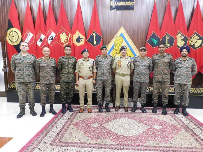 DGP (Operations & Security) Nalin Prabhat and ADGP Anand Jain with senior Army officers at Tiger Division in Jammu on Thursday.