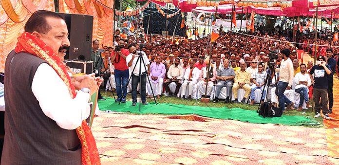 Union Minister Dr Jitendra Singh addressing BJP election public rally at Bani on Wednesday. Union Minister Dr Jitendra Singh addressing BJP election public rally at Bani on Wednesday.
