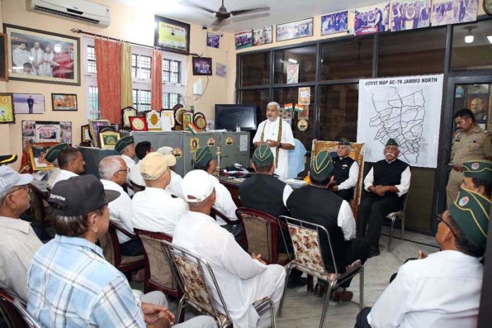 BJP leader Sham Lal Sharma addressing ex-servicemen in Jammu North Assembly segment on Wednesday. BJP leader Sham Lal Sharma addressing ex-servicemen in Jammu North Assembly segment on Wednesday.