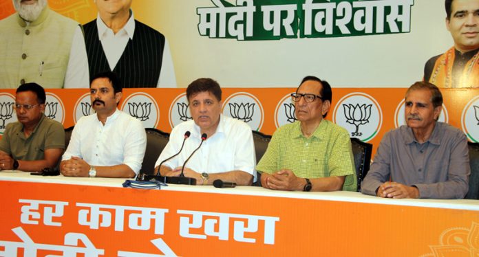 BJP chief spokesperson, Sunil Sethi, party spokespersons, Abhijeet Jasrotia, Y V Sharma, Lt Gen (retd), Rakesh Sharma and Tahir Choudhary at a press conference in Jammu on Tuesday. — Excelsior/Rakesh BJP chief spokesperson, Sunil Sethi, party spokespersons, Abhijeet Jasrotia, Y V Sharma, Lt Gen (retd), Rakesh Sharma and Tahir Choudhary at a press conference in Jammu on Tuesday. — Excelsior/Rakesh