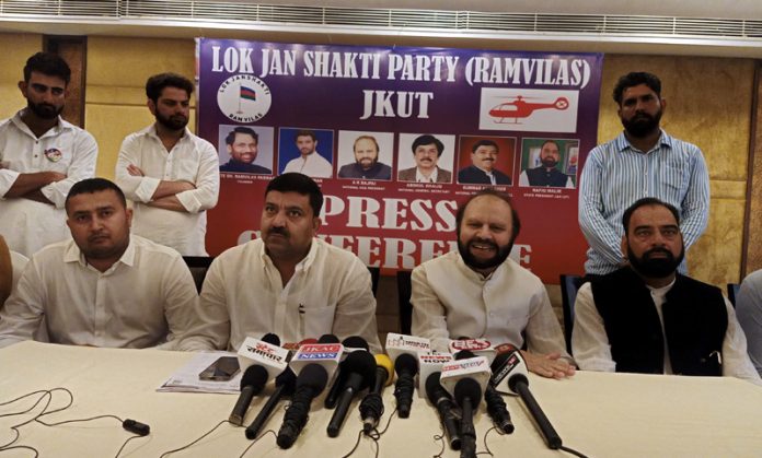 Arvind Kumar Bajpai, National Senior Vice-President LJP addressing a press conference in Jammu on Sunday.