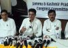 AICC general secretary Sachin Pilot, flanked by AICC I/C J&K Bharatsinh Solanki & others addressing a press conference in Jammu. —Excelsior/Rakesh