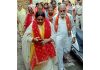 Former Minister, Priya Sethi during a door to door campaign in Jammu East on Sunday.