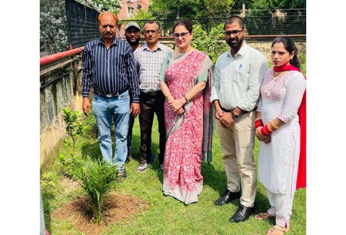 Director, PIB Neha Jalali along with other officers posing for a photograph after sapling plantation at Radio Colony, Jammu on Friday.