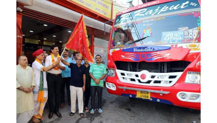 Trust Chairman Pawan Shastri and SP South Ajay Sharma flagging off yatris to Haridwar on Sunday.