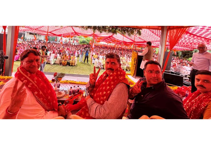 BJP leaders including MP Jugal Kishore Sharma and party candidate for Mata Vaishno Devi Assembly segment, Baldev Raj Sharma during an election rally at holy township of Katra on Thursday. BJP leaders including MP Jugal Kishore Sharma and party candidate for Mata Vaishno Devi Assembly segment, Baldev Raj Sharma during an election rally at holy township of Katra on Thursday.