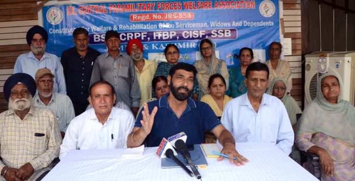 Members of Welfare Association of retired Central Paramilitary Forces addressing a press conference at Jammu on Monday.