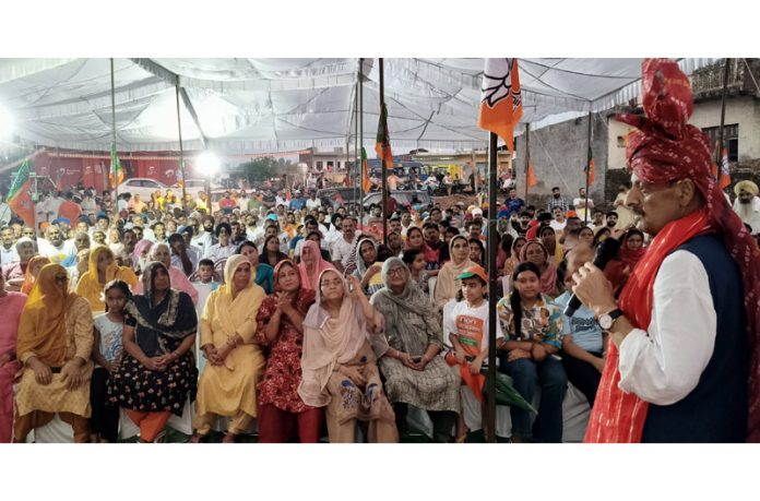 Senior BJP leader Devender Singh Rana addressing election rally on Wednesday. Senior BJP leader Devender Singh Rana addressing election rally on Wednesday.