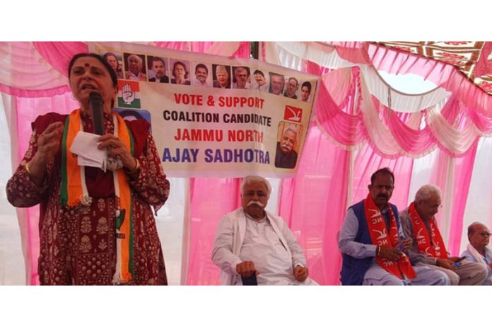 Ex-MLA Indu Pawar addressing election meeting in Jammu North on Sunday. Ex-MLA Indu Pawar addressing election meeting in Jammu North on Sunday.