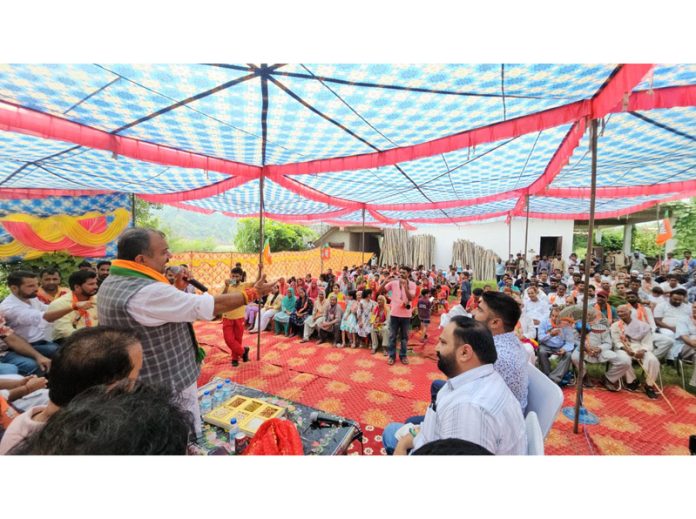 BJP candidate for Bahu constituency, Vikram Randhawa addressing a gathering at Chatha area in Jammu on Sunday. BJP candidate for Bahu constituency, Vikram Randhawa addressing a gathering at Chatha area in Jammu on Sunday.