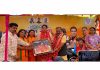 Former Union Minister and senior BJP leader Smriti Irani being presented the portrait of Mata Vaishno Devi during BJP rally at Bahu Fort by party candidate,Vikram Randhawa and other leaders.