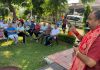 BJP candidate from Bahu constituency, Vikram Randhawa addressing a meeting of morning walkers in Channi Himmat on Tuesday.