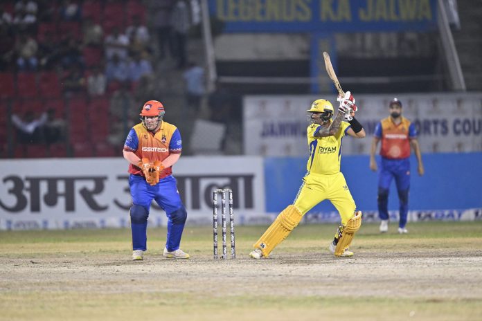 Toyam Hyderabad batsman hitting a shot during match against Konark Suryas Odisha at Jammu on Sunday. -Excelsior/Rakesh